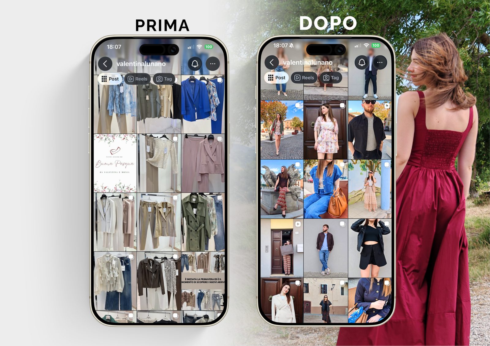 Valentina Lunano — confronto del feed Instagram prima e dopo l’intervento