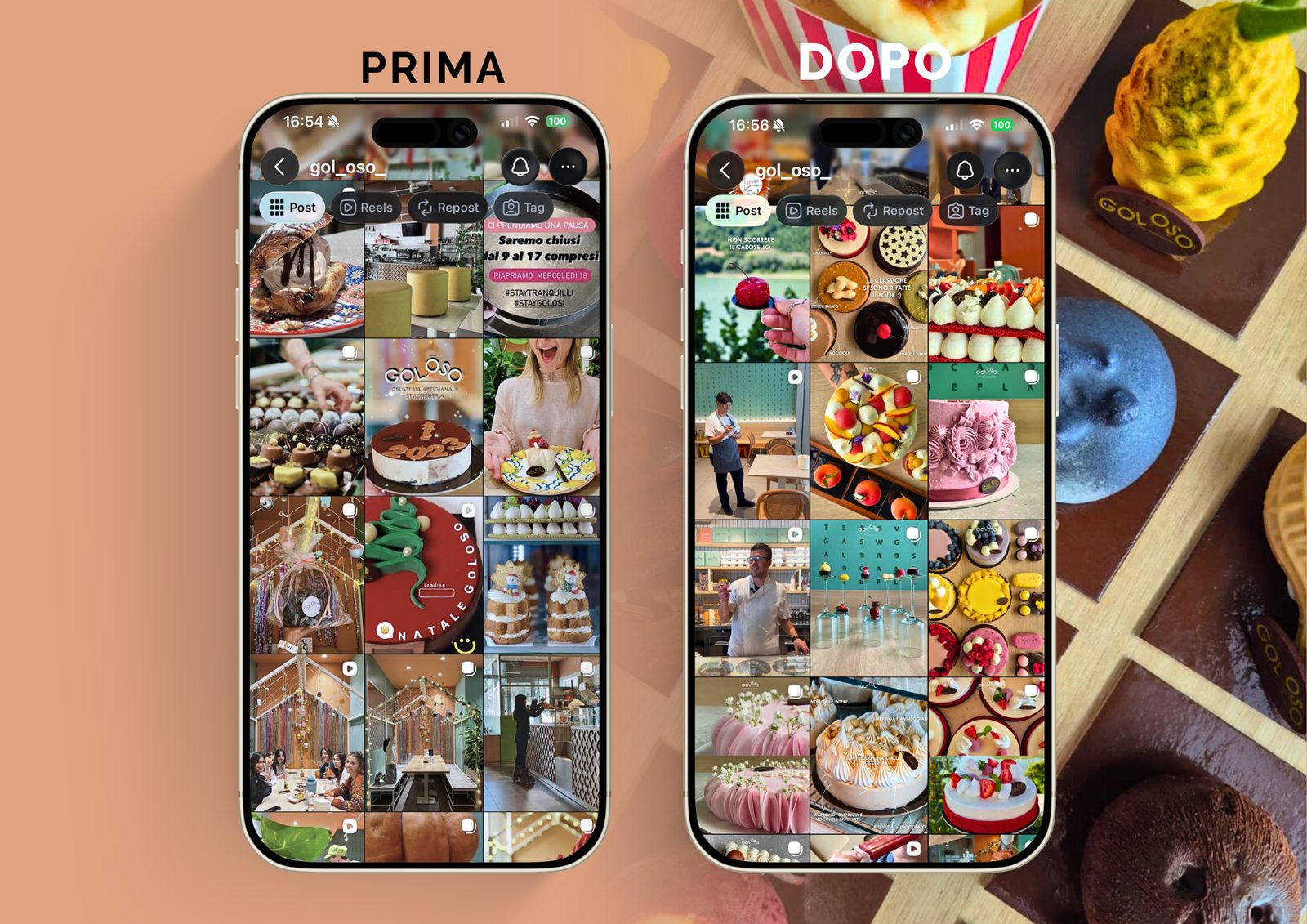 Goloso — confronto del feed Instagram prima e dopo l’intervento