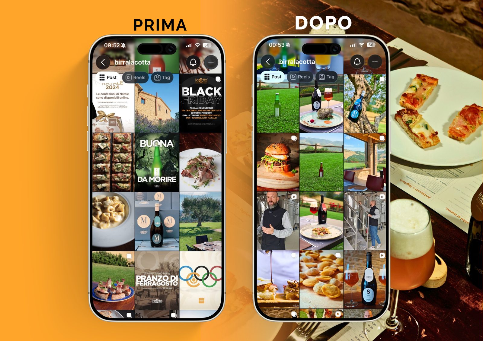 LaCotta — confronto del feed Instagram prima e dopo l’intervento