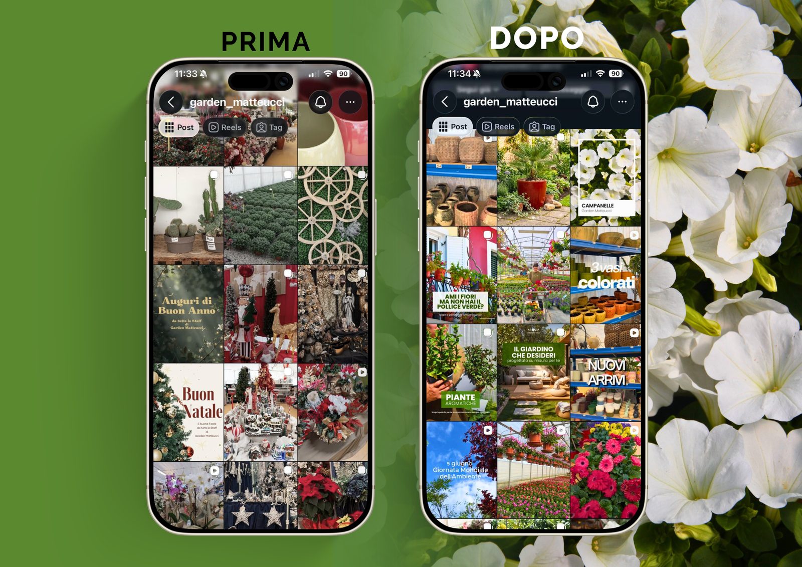 Garden Matteucci — confronto del feed Instagram prima e dopo l’intervento